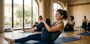 femme de la cinquantaine en train de pratiquer un cours de Pilates